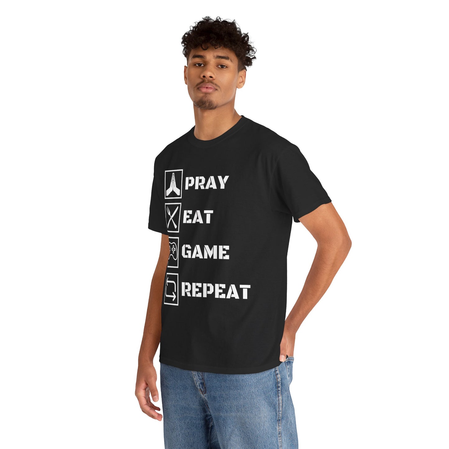 Pray, Eat, Game, Repeat T-Shirt - Unisex Heavy Cotton Tee