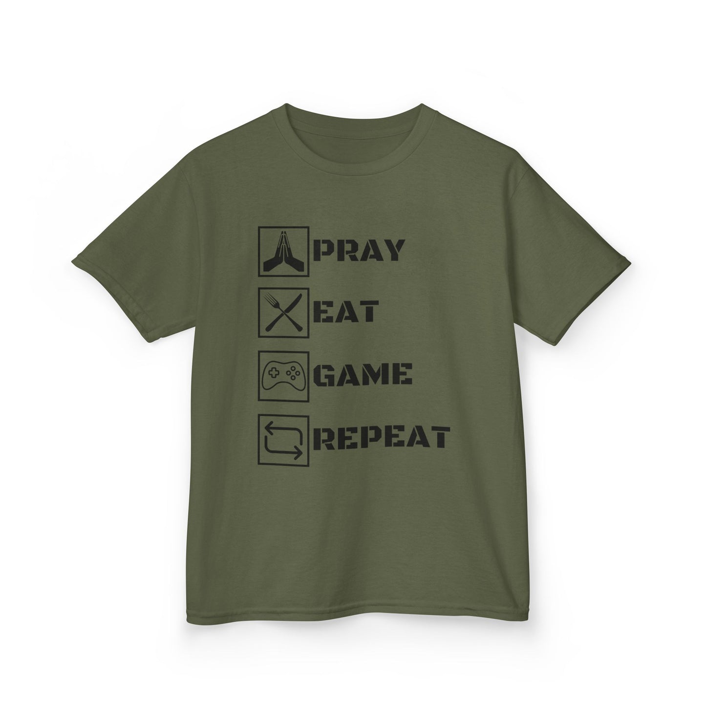 Kids T-Shirt Pray Eat Game Repeat - Children's Cotton Tee