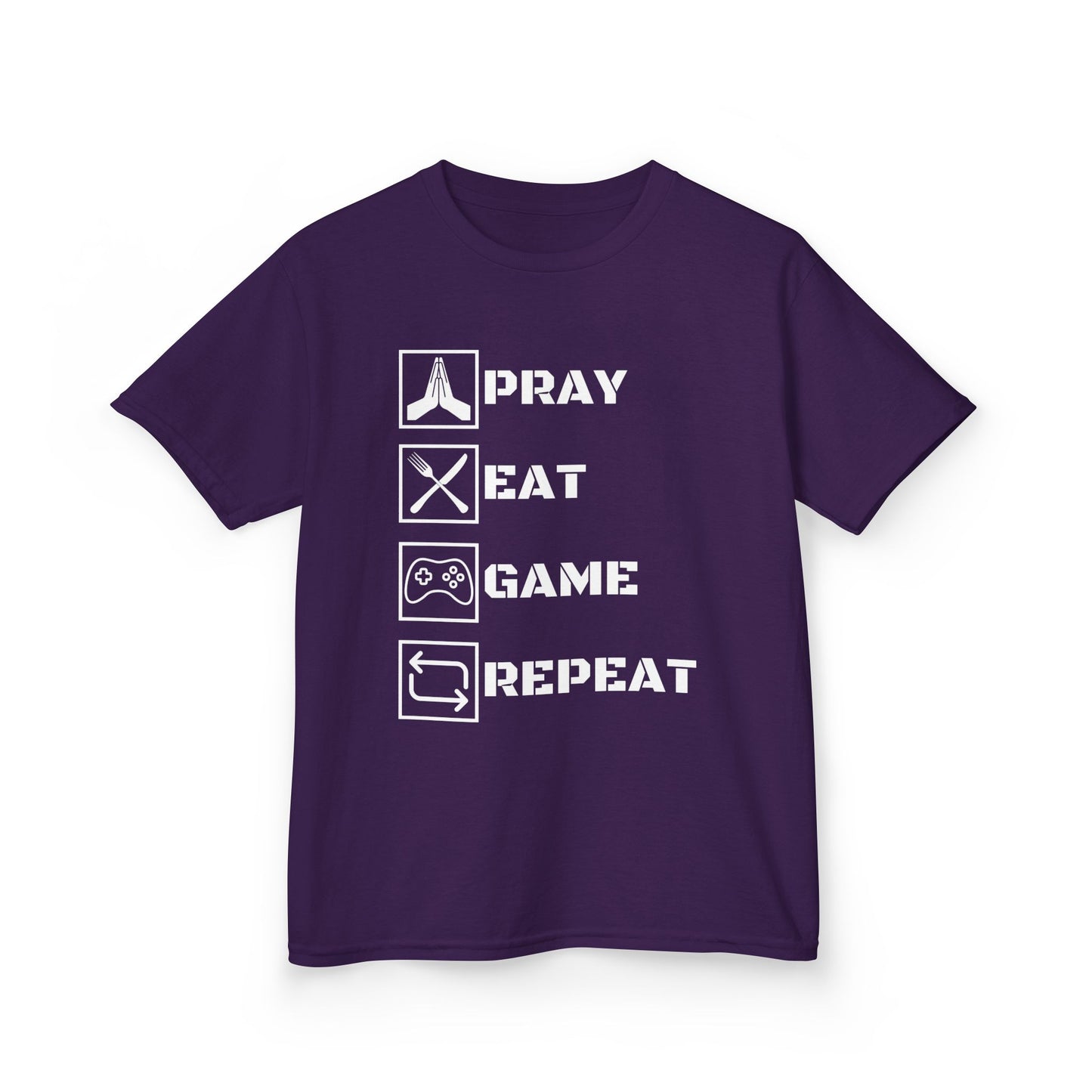 Kids T-Shirt Pray Eat Game Repeat - Children's Cotton Tee
