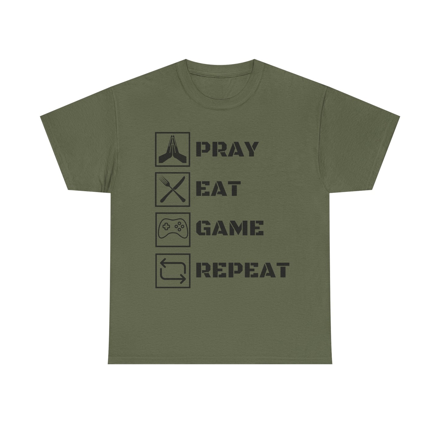 Pray, Eat, Game, Repeat T-Shirt - Unisex Heavy Cotton Tee