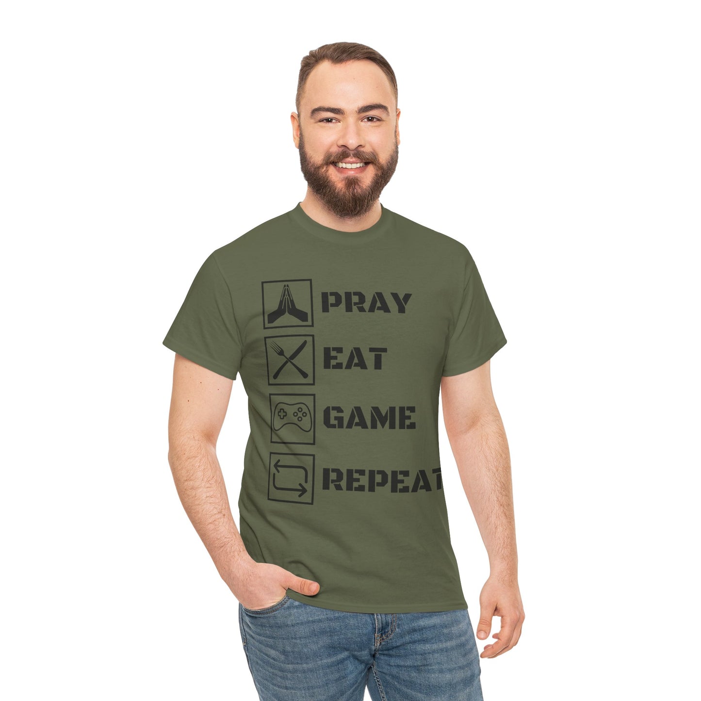 Pray, Eat, Game, Repeat T-Shirt - Unisex Heavy Cotton Tee