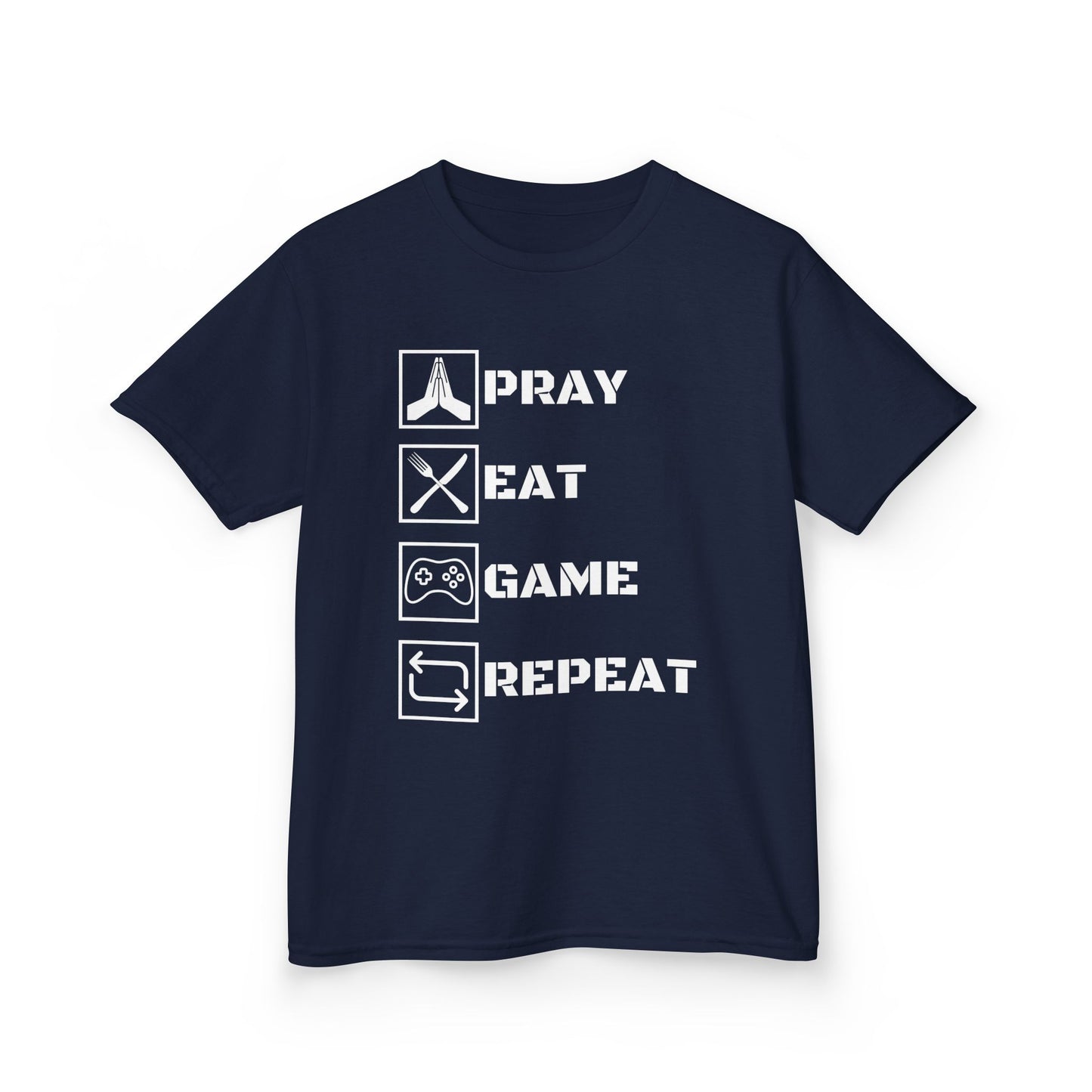 Kids T-Shirt Pray Eat Game Repeat - Children's Cotton Tee