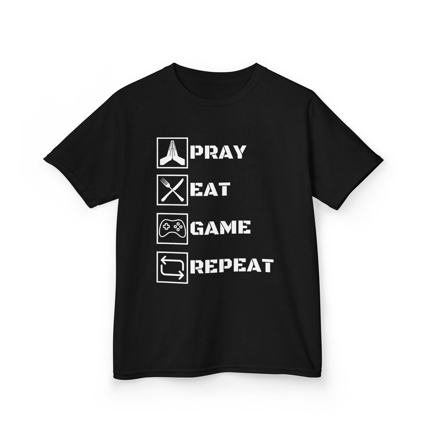 Kids T-Shirt Pray Eat Game Repeat - Children's Cotton Tee