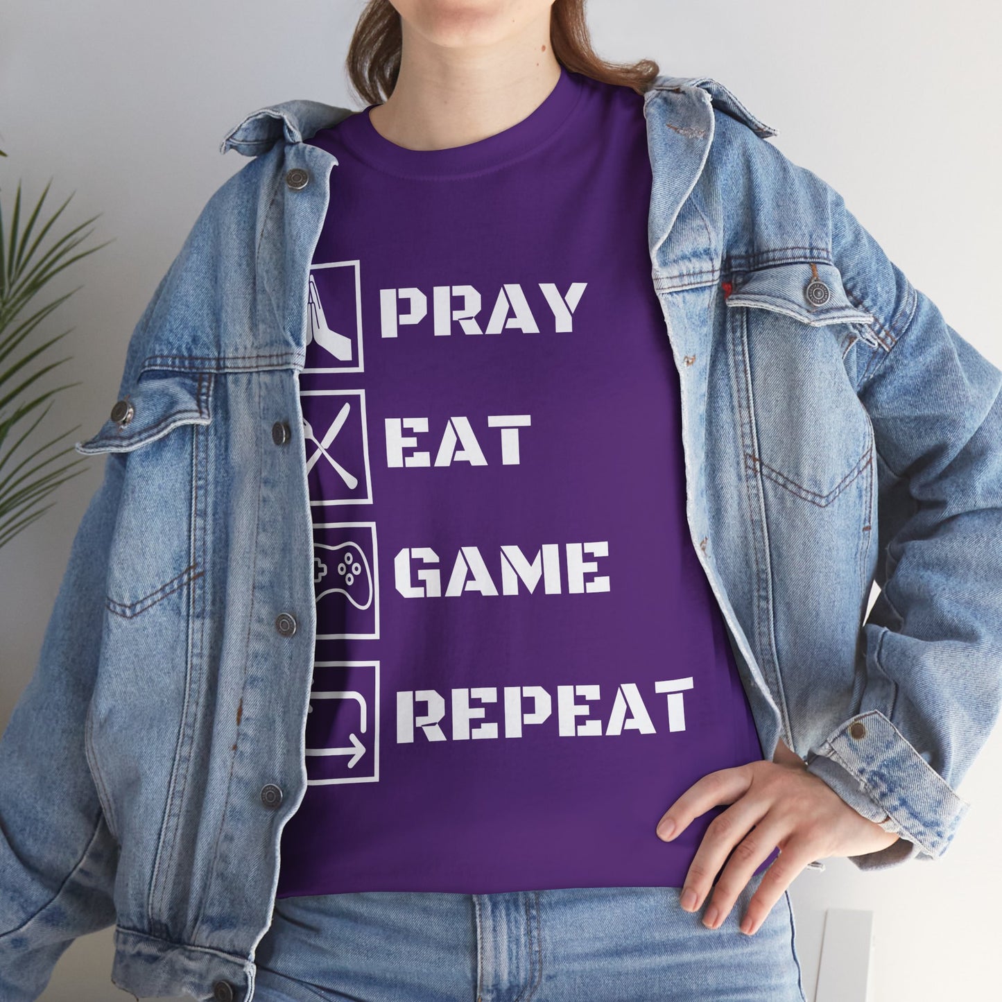 Pray, Eat, Game, Repeat T-Shirt - Unisex Heavy Cotton Tee