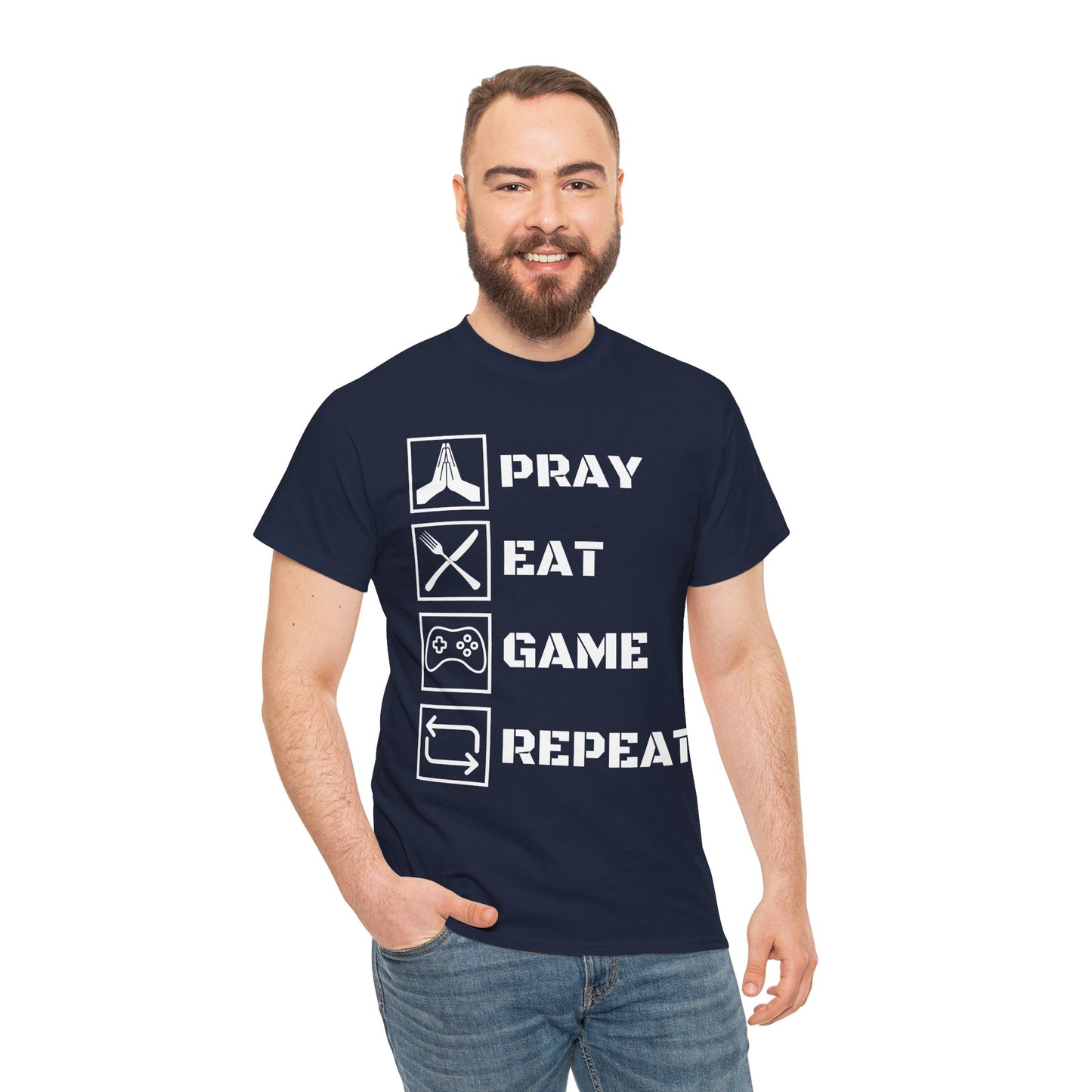 Pray, Eat, Game, Repeat T-Shirt - Unisex Heavy Cotton Tee