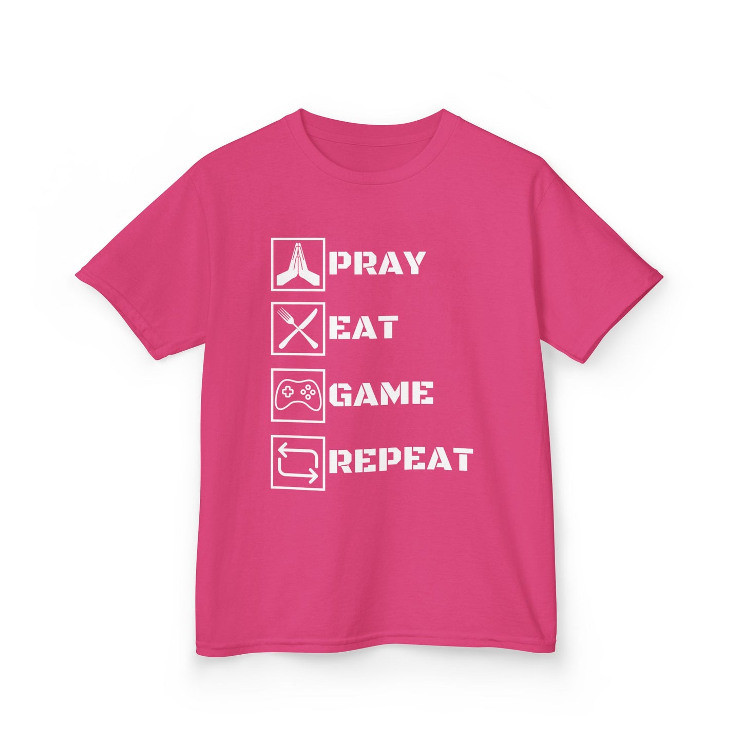 Kids T-Shirt Pray Eat Game Repeat - Children's Cotton Tee