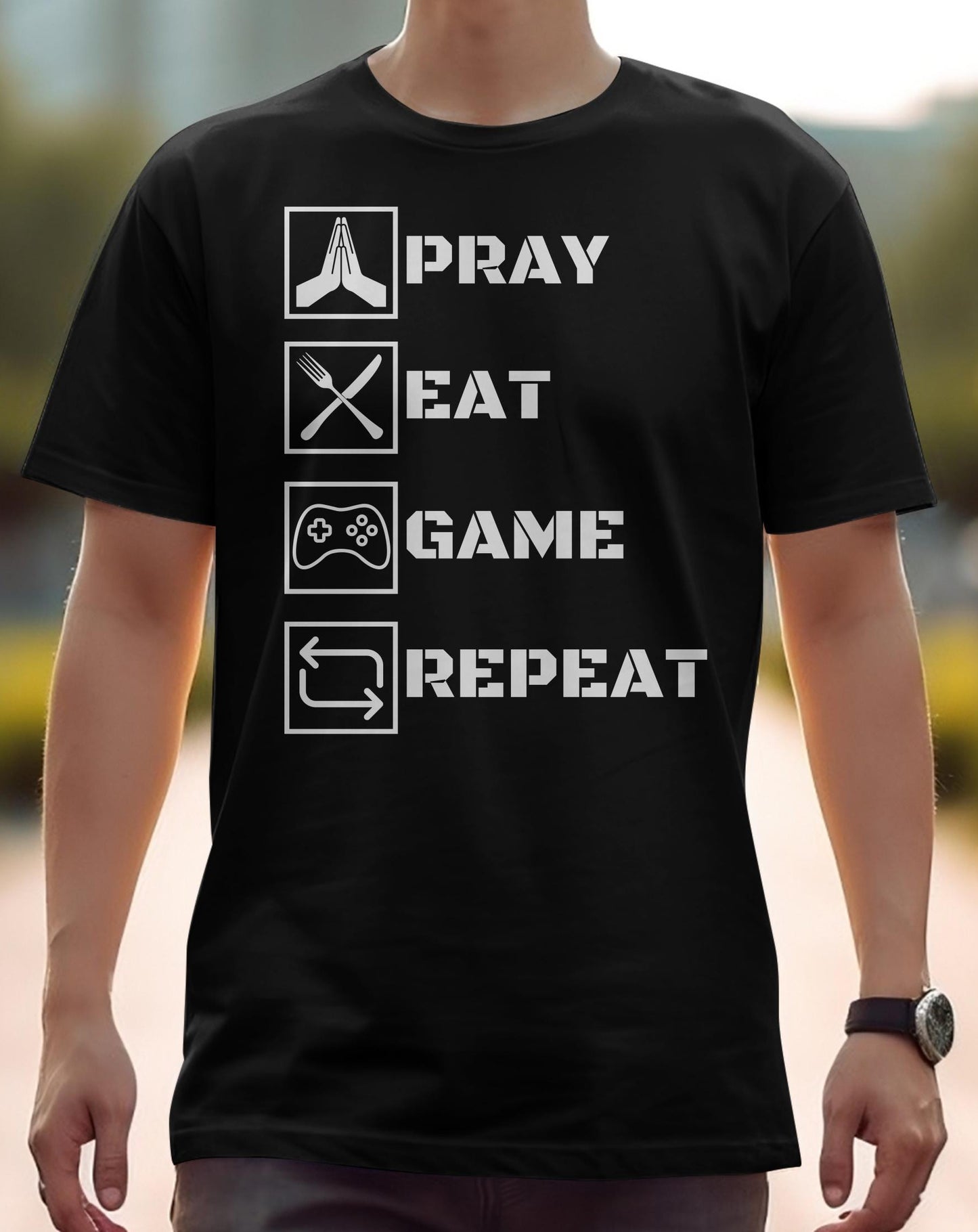 Kids T-Shirt Pray Eat Game Repeat - Children's Cotton Tee