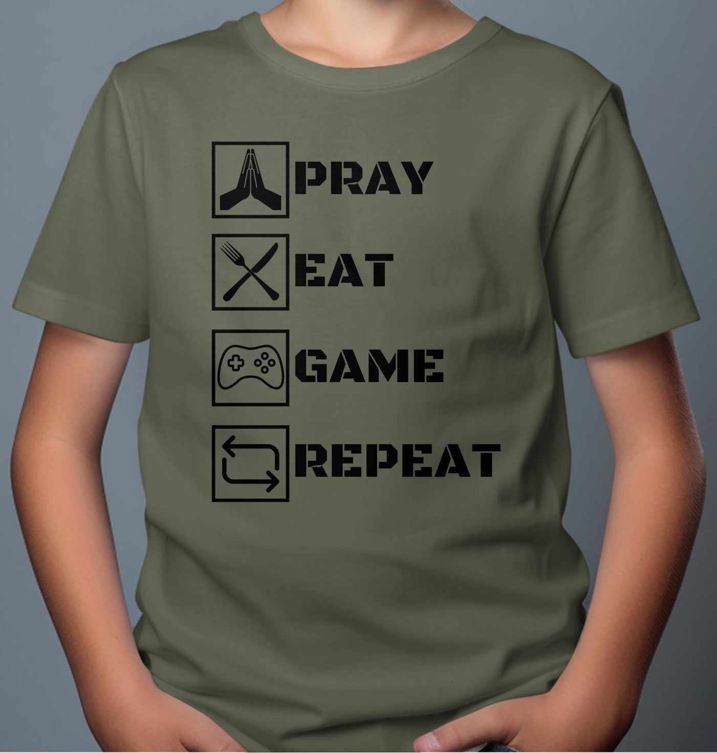 Kids T-Shirt Pray Eat Game Repeat - Children's Cotton Tee