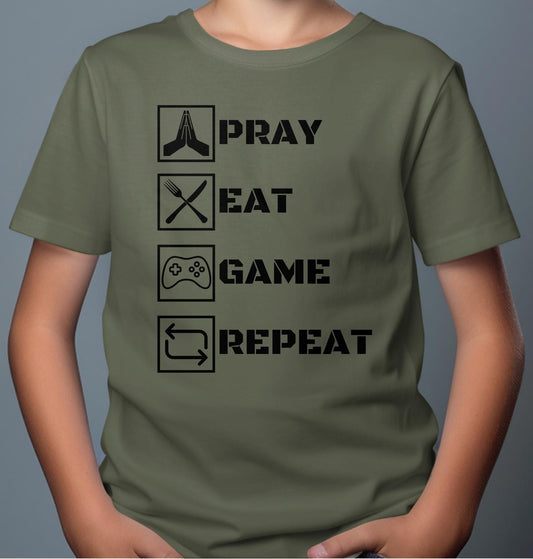 Kids T-Shirt Pray Eat Game Repeat - Children's Cotton Tee